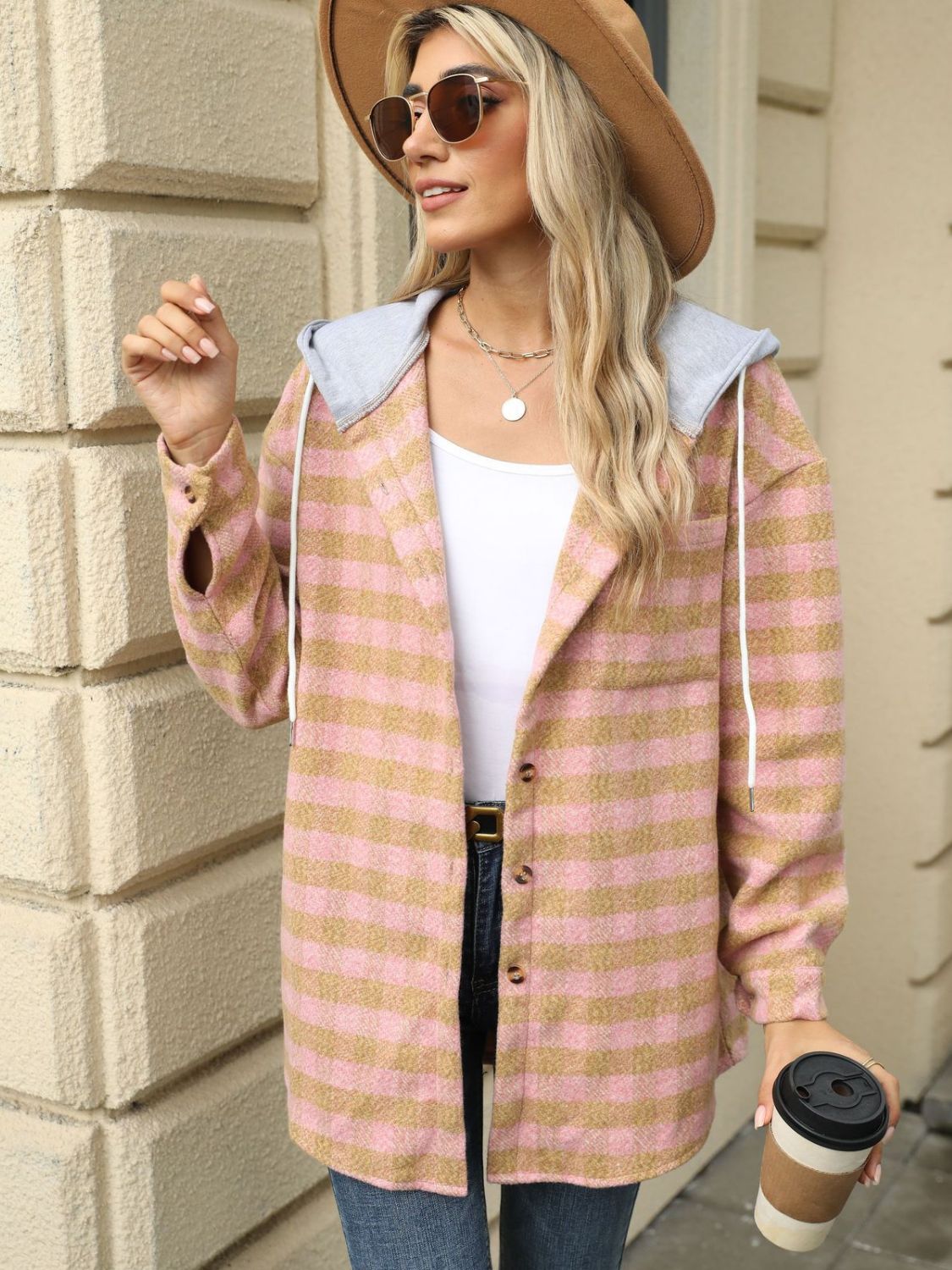 NicholesGifts Women Drawstring Plaid Long Sleeve Hooded Jacket NicholesGifts