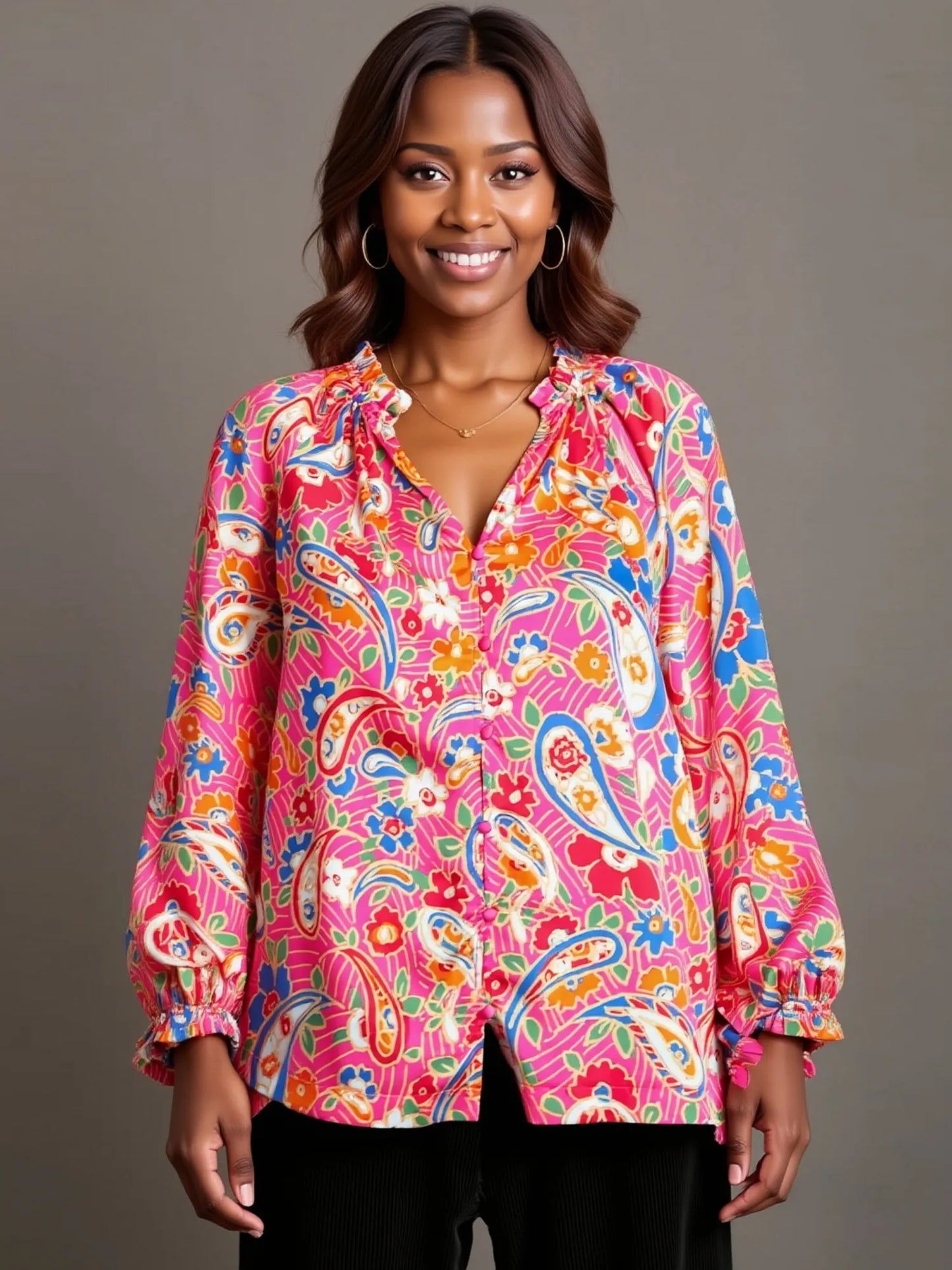 Umgee Full Size Satin Paisley Ruffle Neck Button-Up Shirt Plus Size NicholesGifts