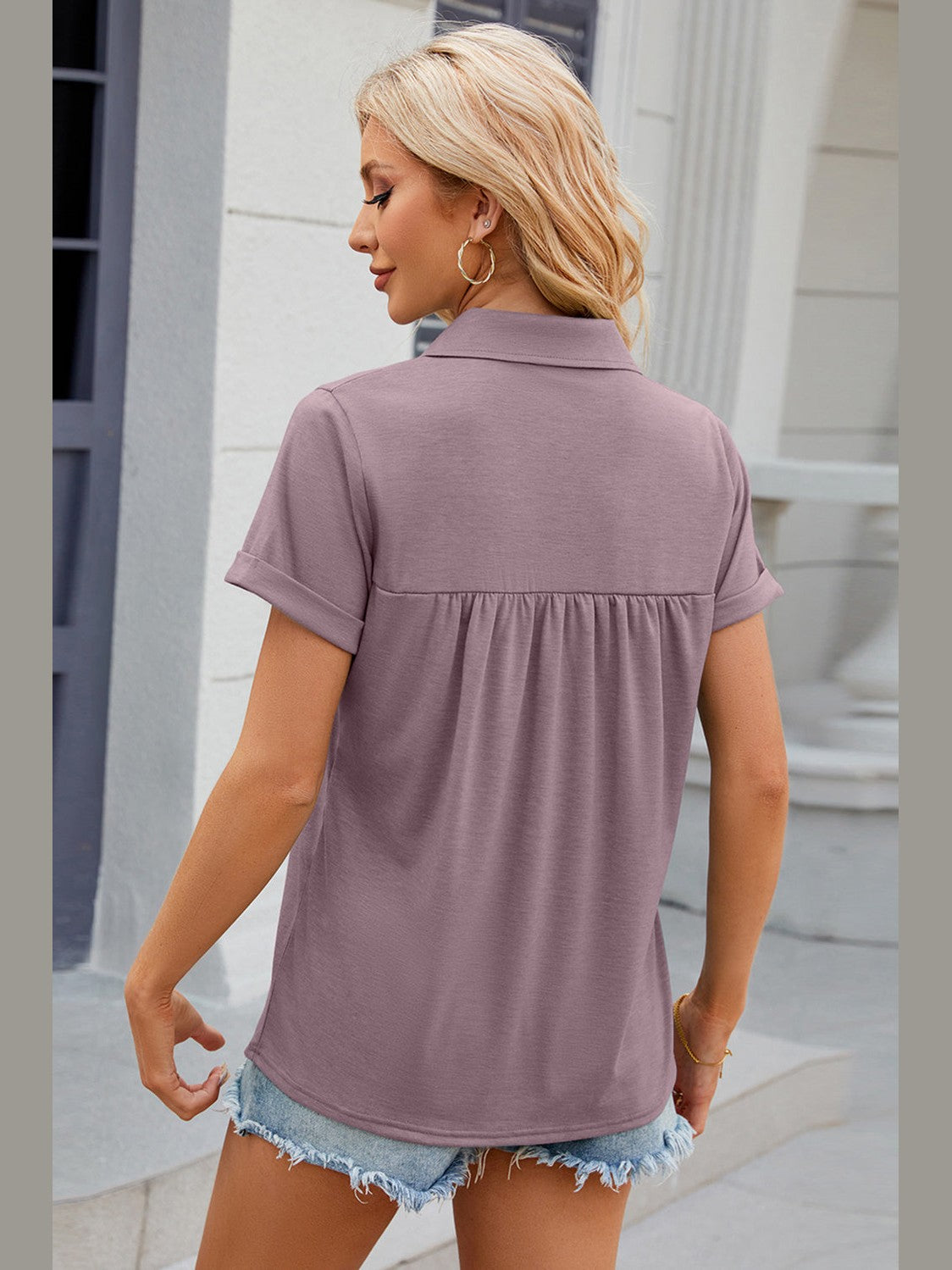 Ruched Johnny Collar Short Sleeve Blouse NicholesGifts