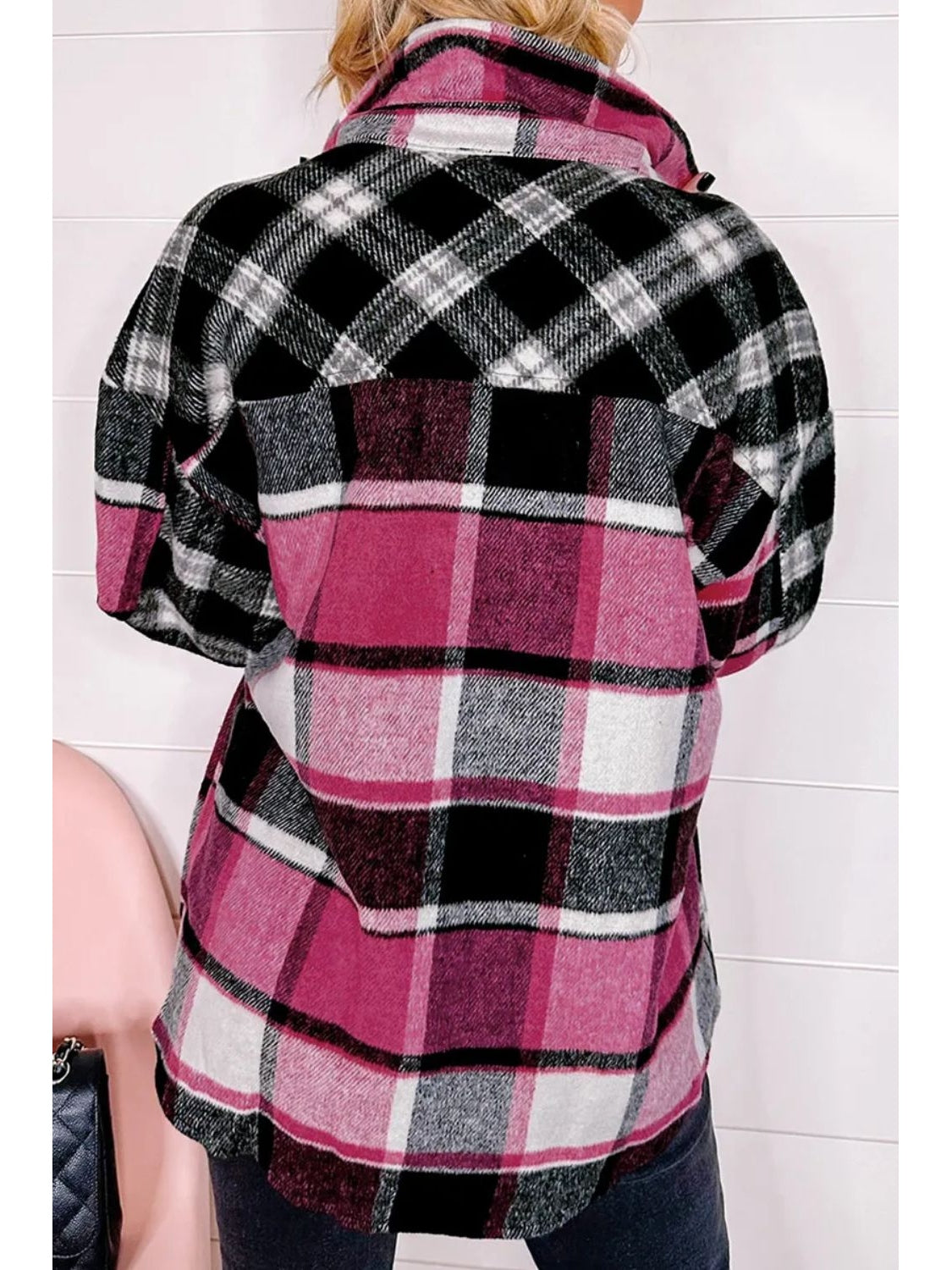 Pocketed Plaid Collared Neck Long Sleeve Shacket NicholesGifts