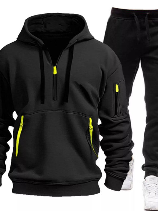 Men's Full Size Drawstring Half Zip Hoodie and Pants Set Plus Size NicholesGifts