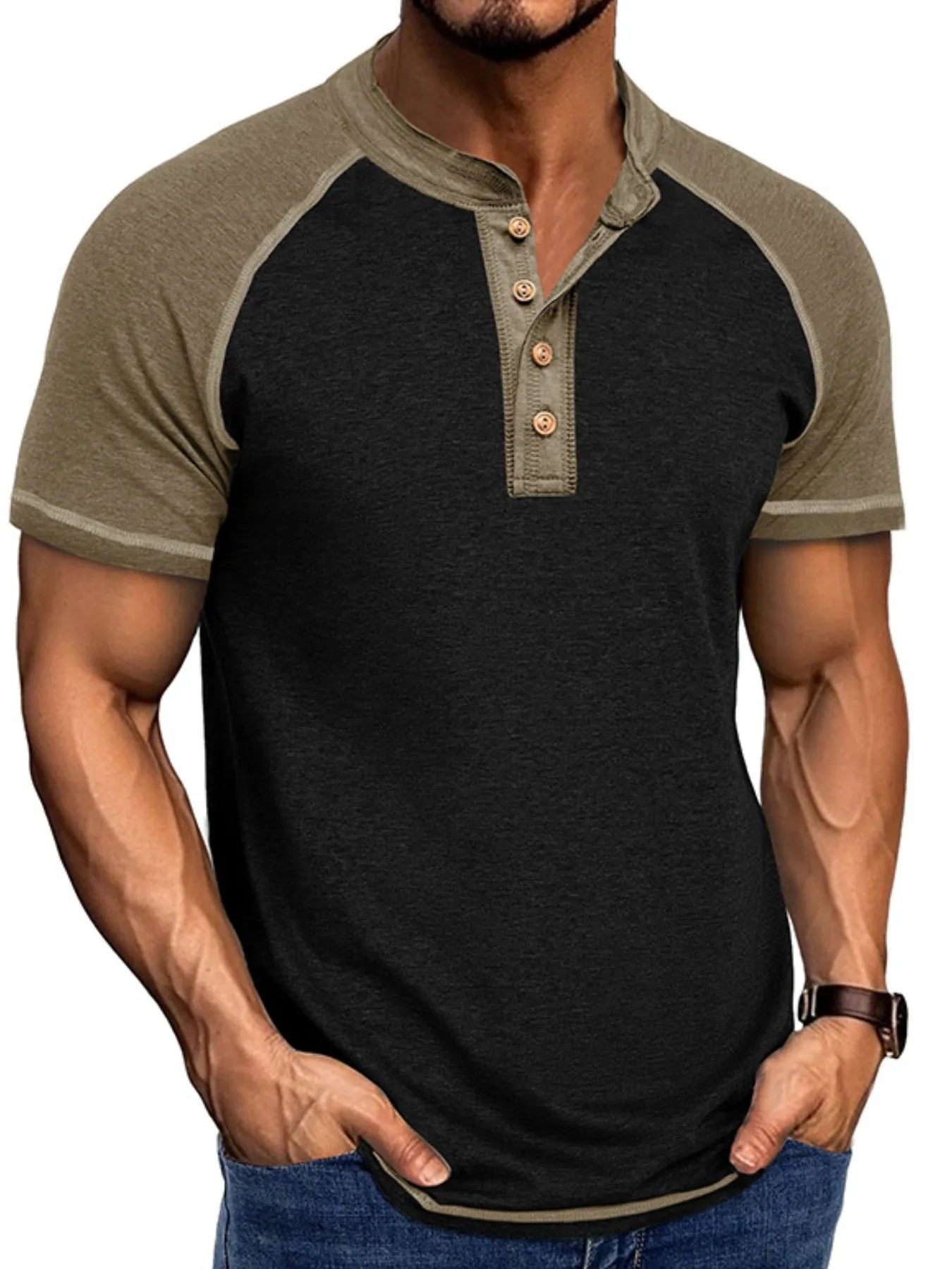 Men's Raglan Henley Color Block T-Shirt Trendsi