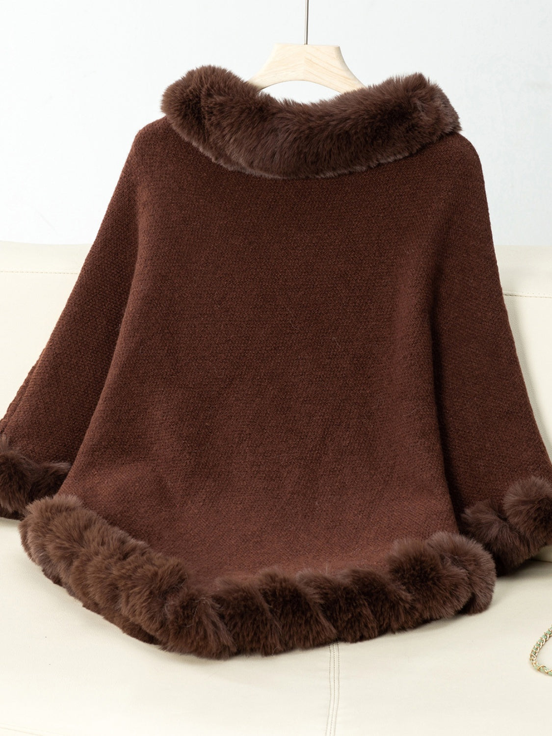 NicholesGifts Women Fuzzy Trim Texture Three-Quarter Sleeve Poncho NicholesGifts