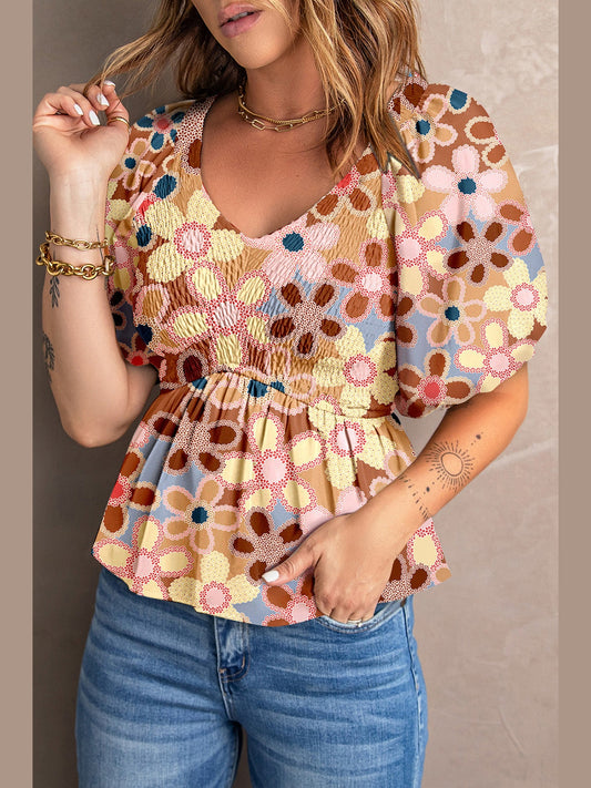 Smocked Printed V-Neck Half Sleeve Blouse NicholesGifts
