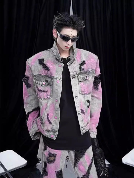 Men's Plus Size Graffiti Washed Button Up Denim Jacket NicholesGifts