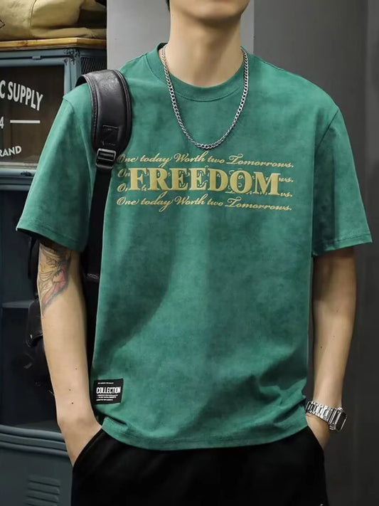 Men's Full Size Freedom Vintage Round Neck T-Shirt Plus Size Trendsi