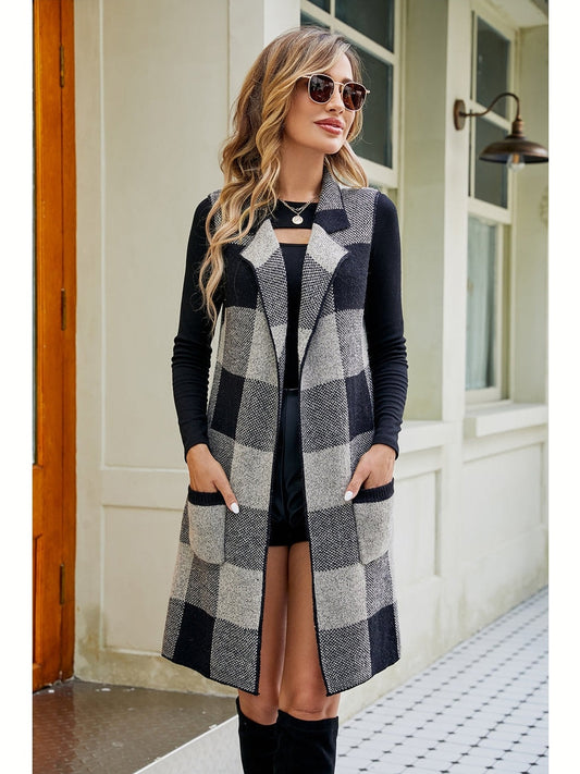 NicholesGifts Women Plaid Open Front Sleeveless Cardigan with Pockets