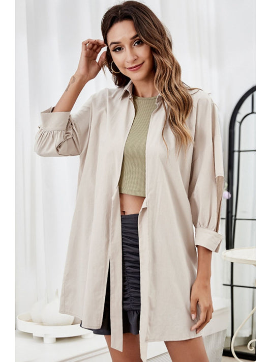 Tie Front Collared Neck Cutout Shacket