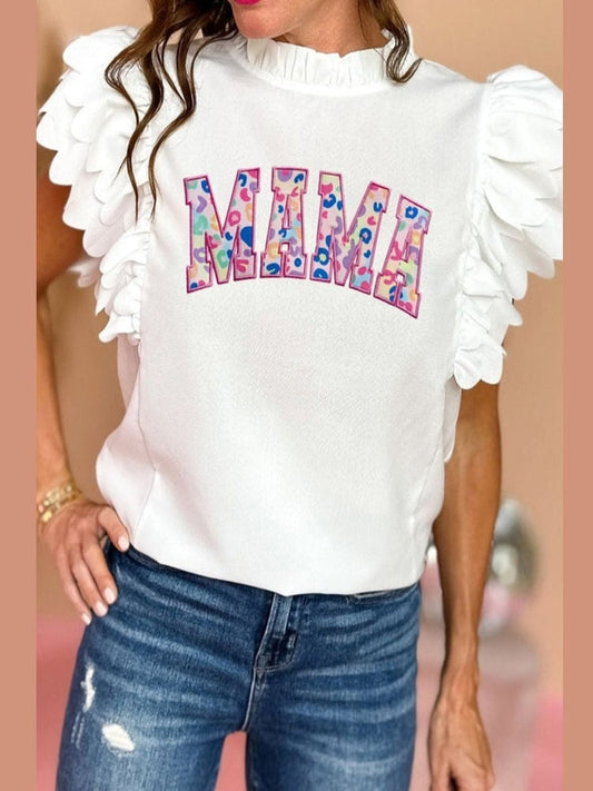 Women MAMA Mock Neck Cap Sleeve White Blouse