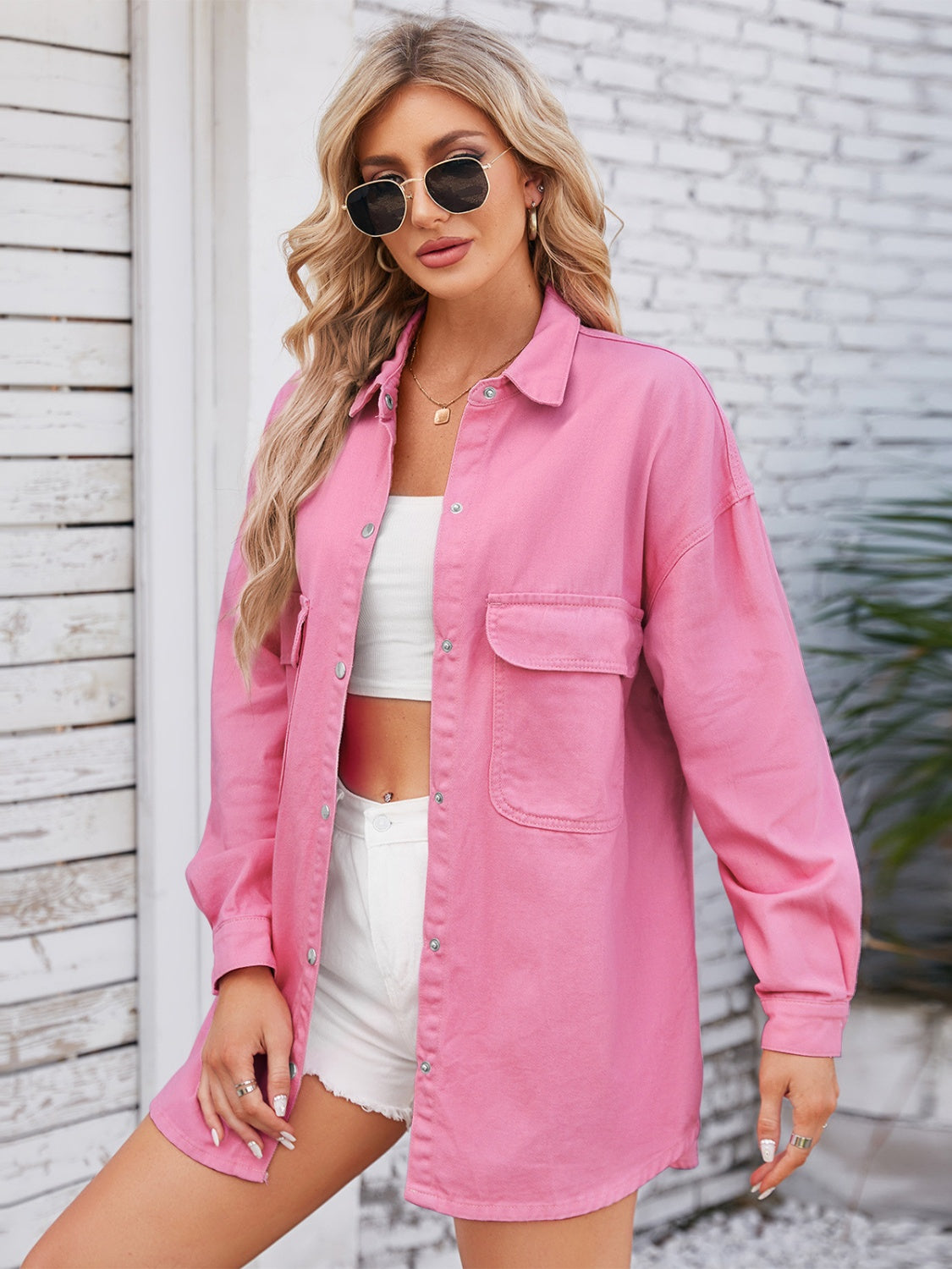 Pocketed Snap Down Dropped Shoulder Denim Shacket NicholesGifts