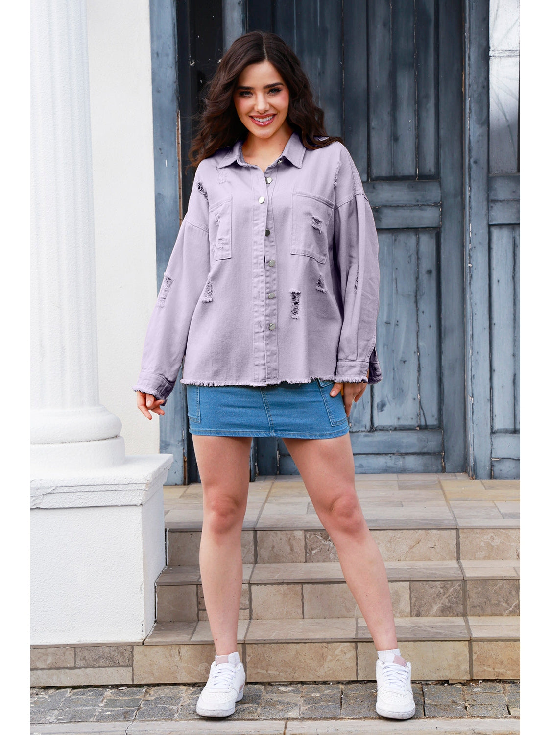 NicholesGifts Women Distressed Button Up Raw Hem Denim Jacket NicholesGifts