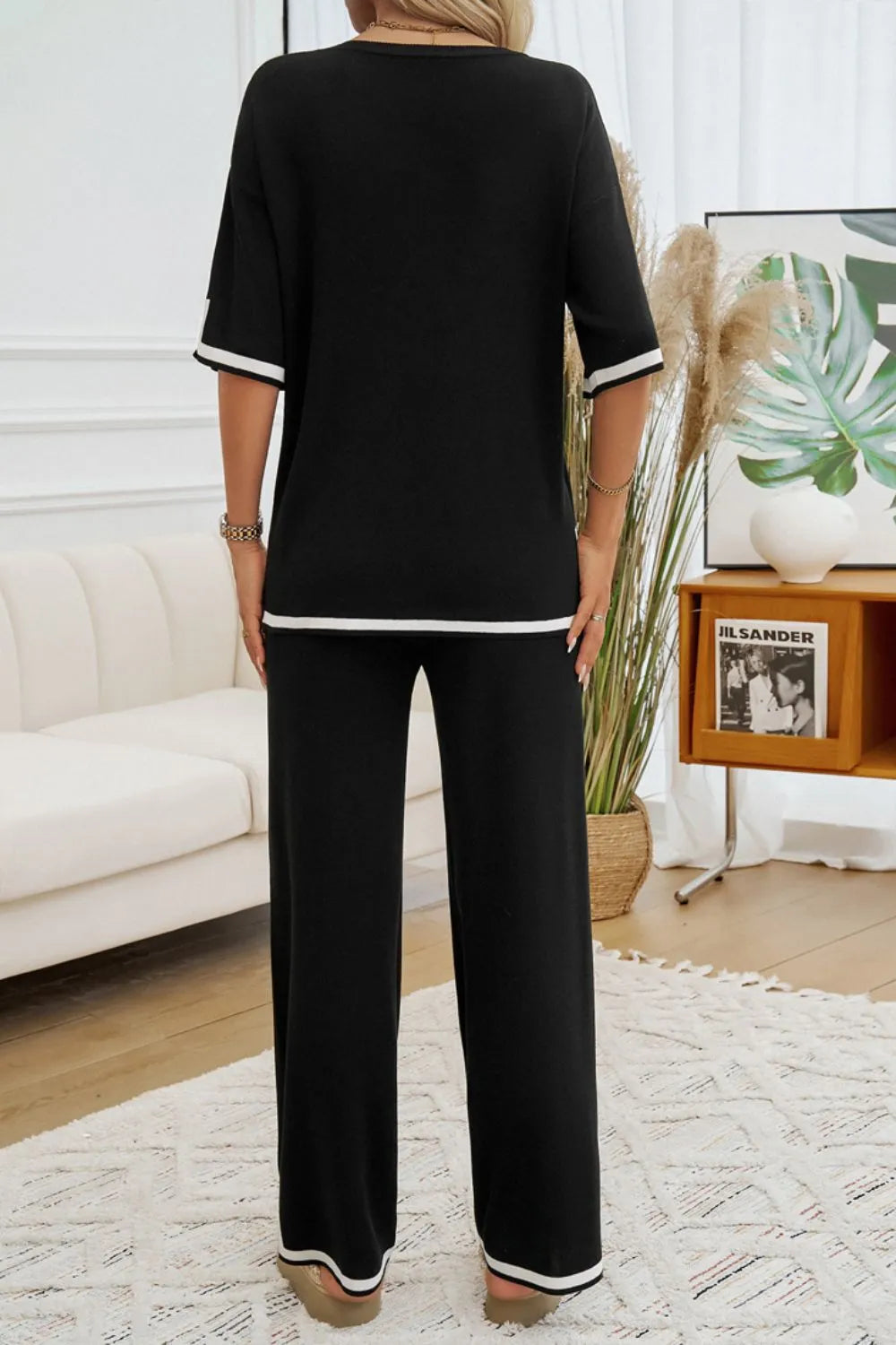 Devine Contrast Trim Half Sleeve Top and Pants Set Trendsi