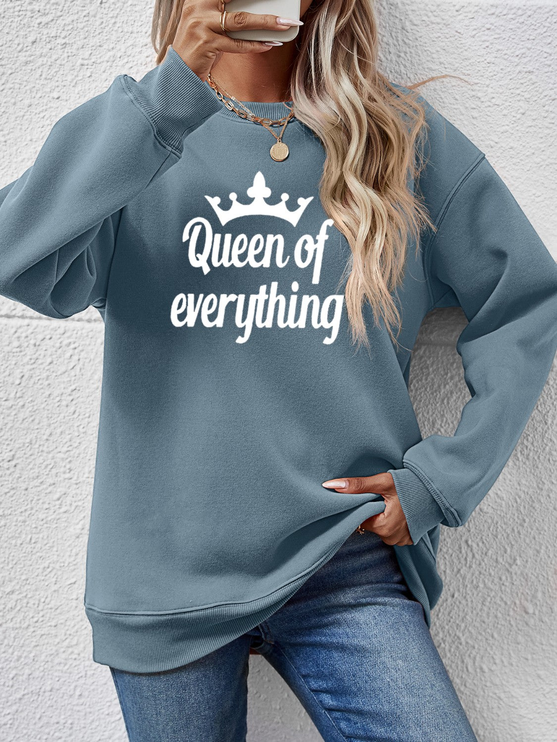 NicholesGifts Women Queen Of Everything Round Neck Sweatshirt NicholesGifts