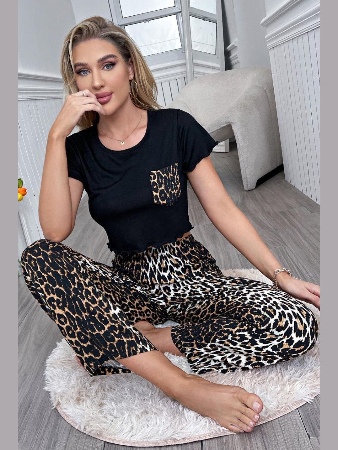 Lettuce Trim Cropped T-Shirt and Leopard Pants Lounge Set