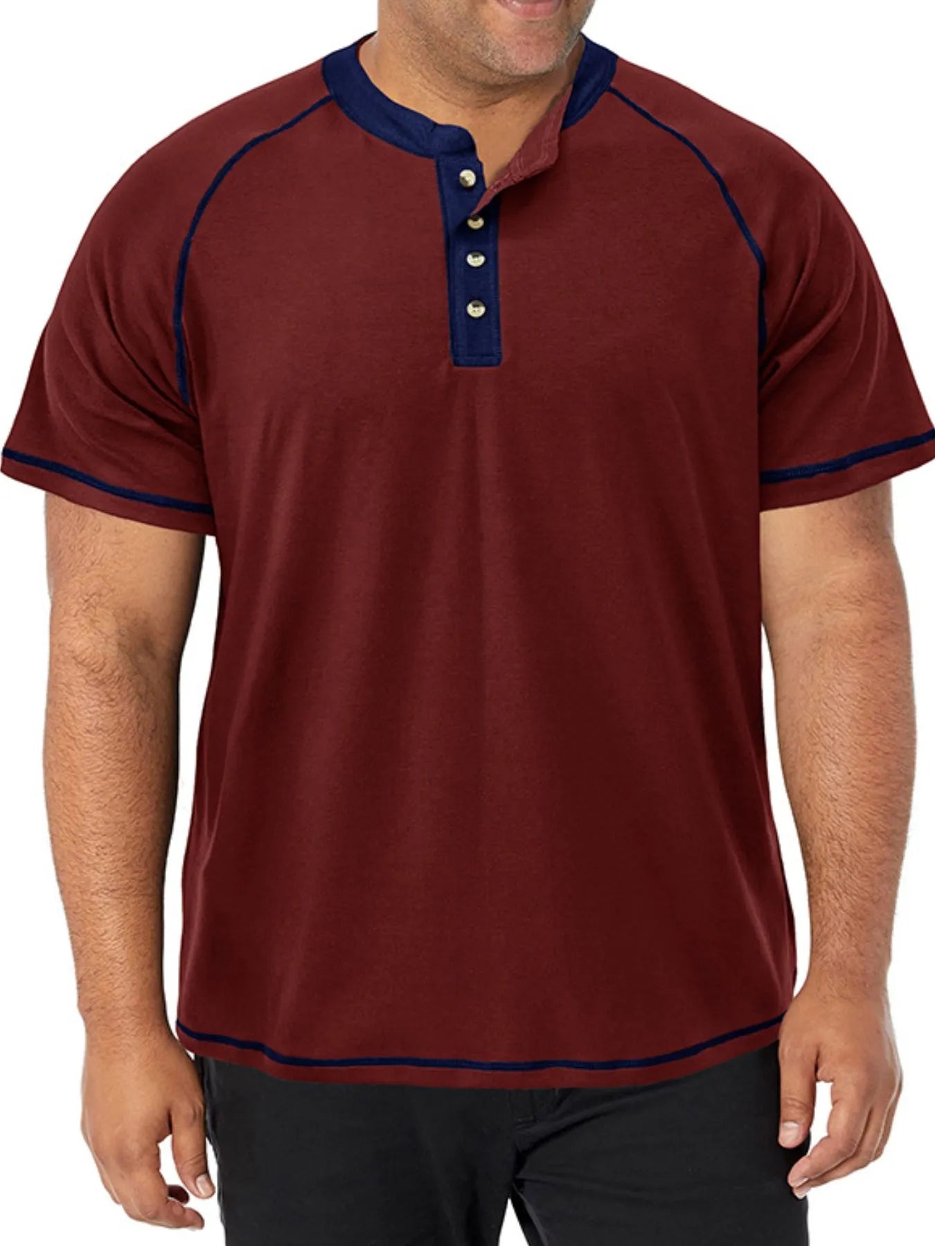 Men's Plus Size Contrast Stitch Henley Polo Shirt