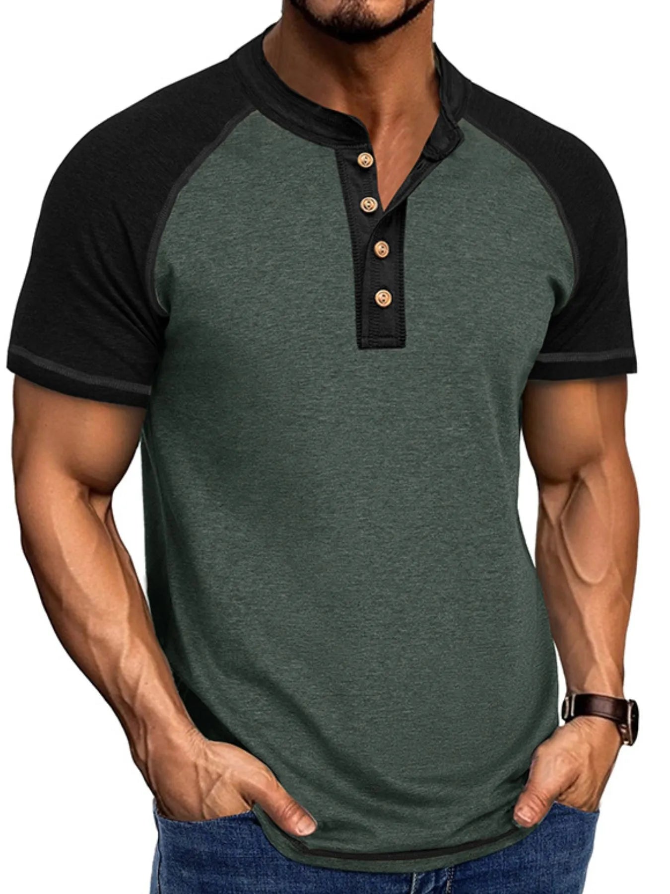 Men's Raglan Henley Color Block T-Shirt Trendsi