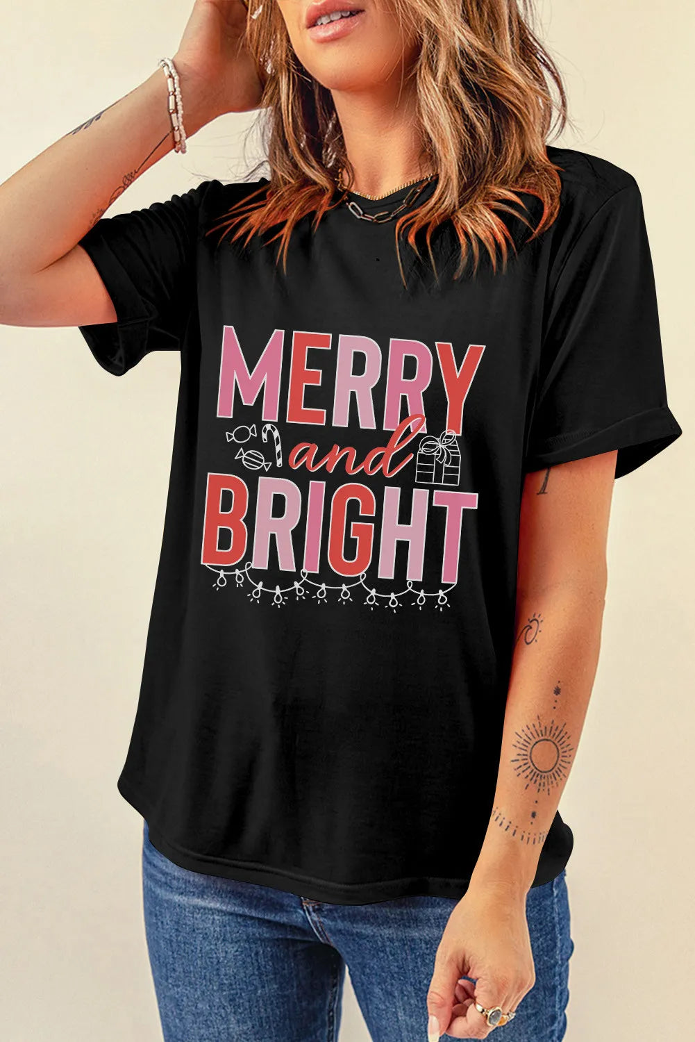 MERRY AND BRIGHT Round Neck Short Sleeve T-Shirt NicholesGifts
