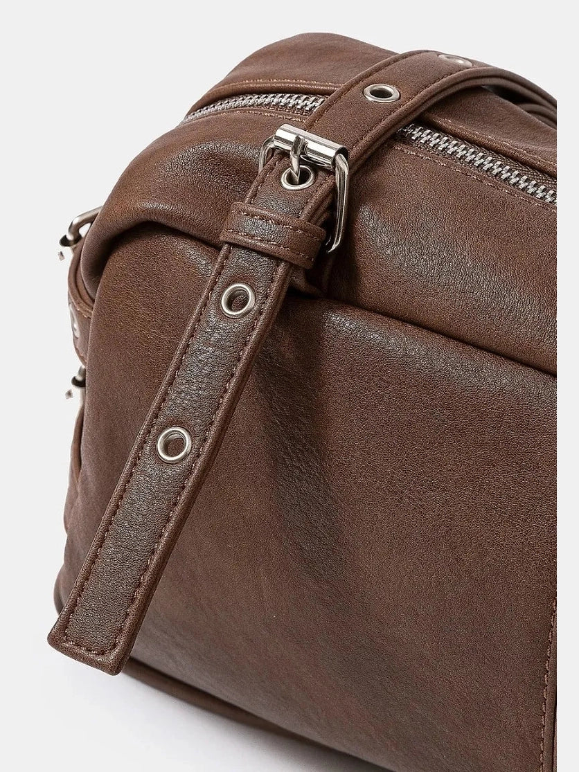 Fame Multi Grommet Belt Strap Rustic Rectangular Hand Bag