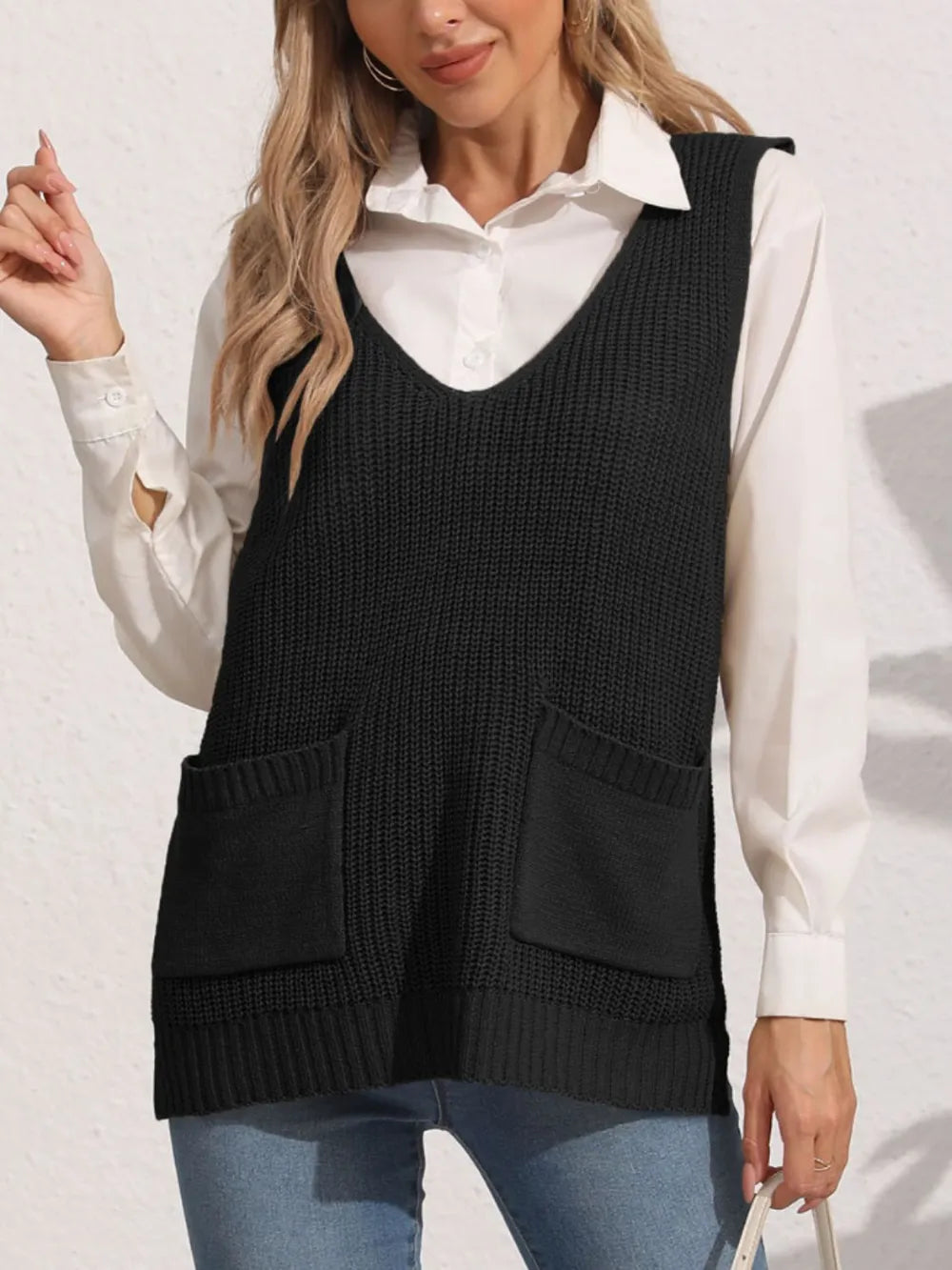 Pocketed V-Neck Sweater Vest nicholesgifts
