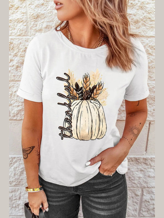 Graphic round neck short sleeve t-shirt with thankful pumpkin graphic print, slightly stretchy polyester blend fabric.