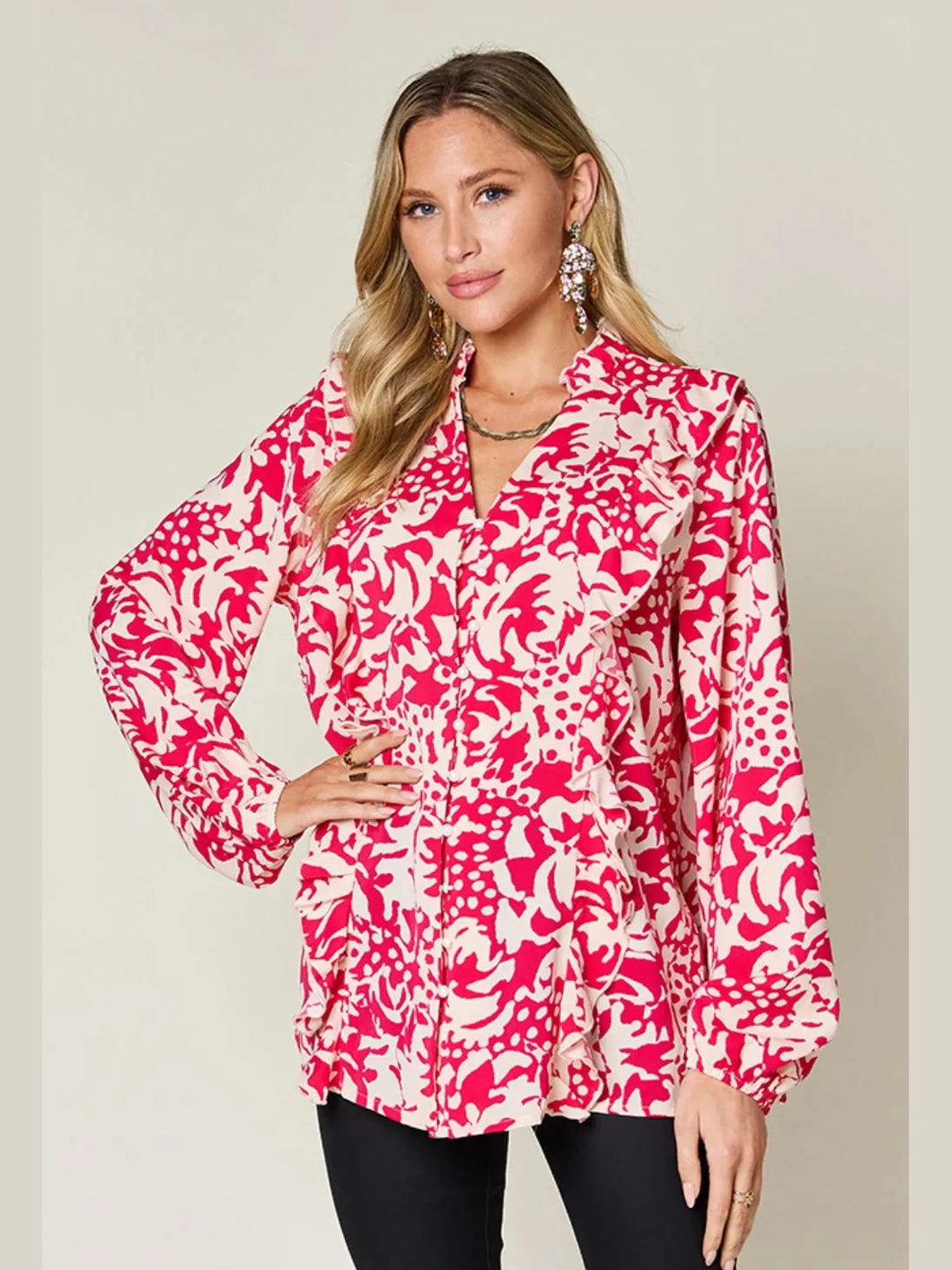 Double Take Full Size Printed Ruffle Trim Balloon Sleeve Shirt