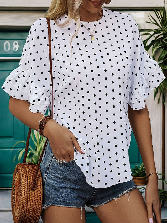 Slit Polka Dot Round Neck Half Sleeve Blouse NicholesGifts