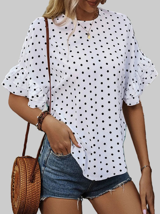 Slit Polka Dot Round Neck Half Sleeve Blouse nicholesgifts