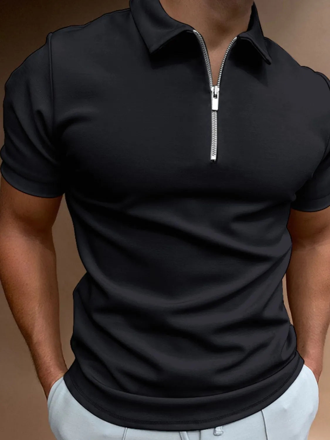 Men's Full Size Zip Collar Short Sleeve Polo Plus Size Trendsi
