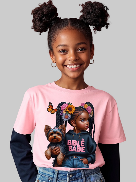 African American Girls Bible Babe with Dog Short Sleeve T-Shirt nicholesgifts