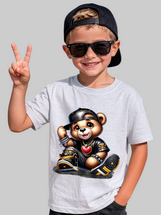 Boys Black Hat Teddy Bear Short Sleeve T-Shirt nicholesgifts