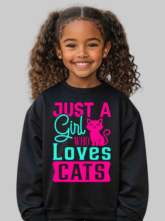 Girls Just A Girl Who Loves Cats Long Sleeve Crewneck Black Sweatshirt