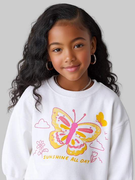 Girls and Toddler Girls Butterfly Graphic Crew Neck Sweatshirt
