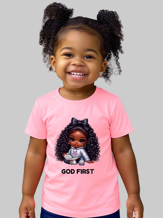 African American Toddler Girls God First Short Sleeve T-Shirt