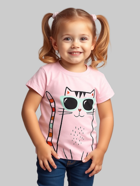Girls and Toddler Girls Cat Graphic Short Sleeve T-Shirt