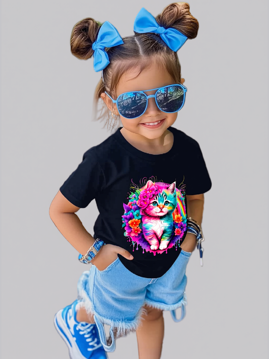 Toddler Girls Colorful Kitten Short Sleeve Tee Shirt