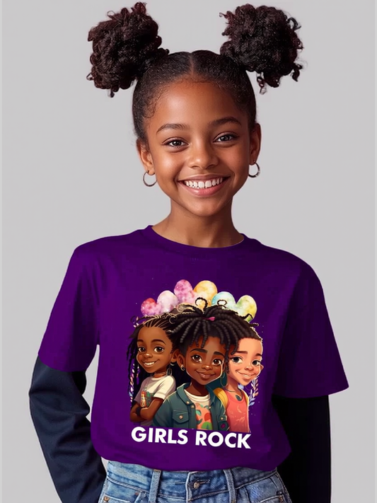 Purple cotton short sleeve crewneck t-shirt featuring a vibrant African American Girls Rock graphic with three girls and bold text