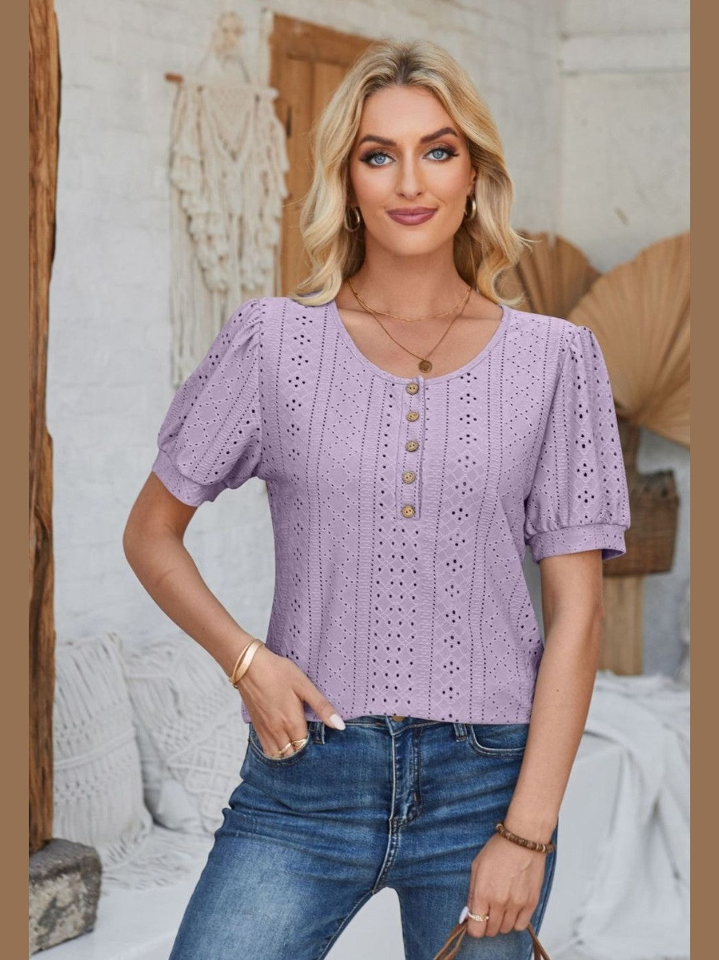 Eyelet Round Neck Short Sleeve Blouse