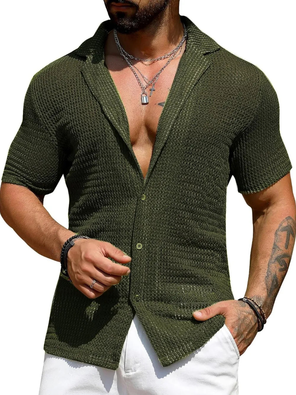 Men's Full Size Openwork Button Down Short Sleeve Shirt Plus Size NicholesGifts