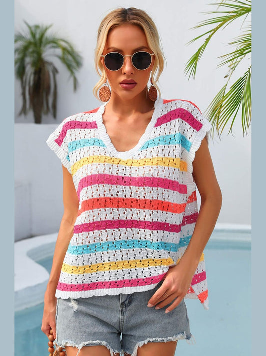 Striped V-Neck Slit Cover Up