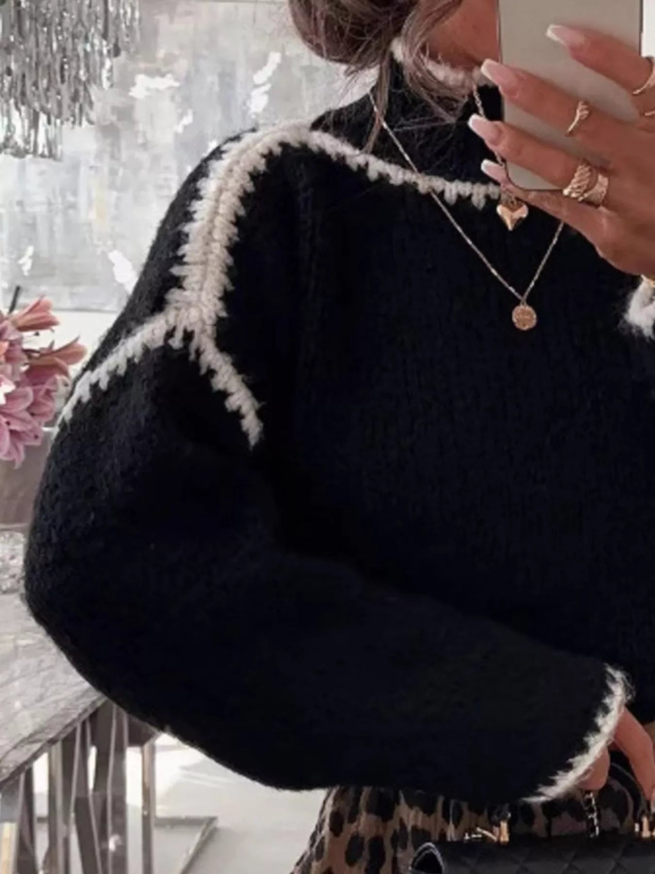 Contrast Trim Turtleneck Long Sleeve Sweater