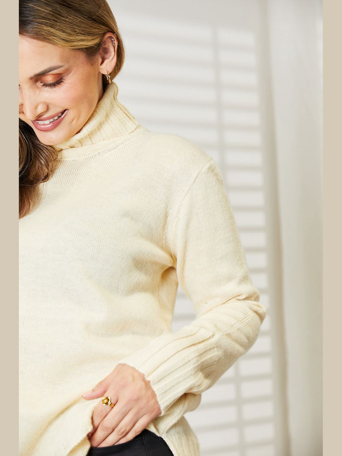 Heimish Full Size Long Sleeve Turtleneck Sweater with Side Slit Trendsi