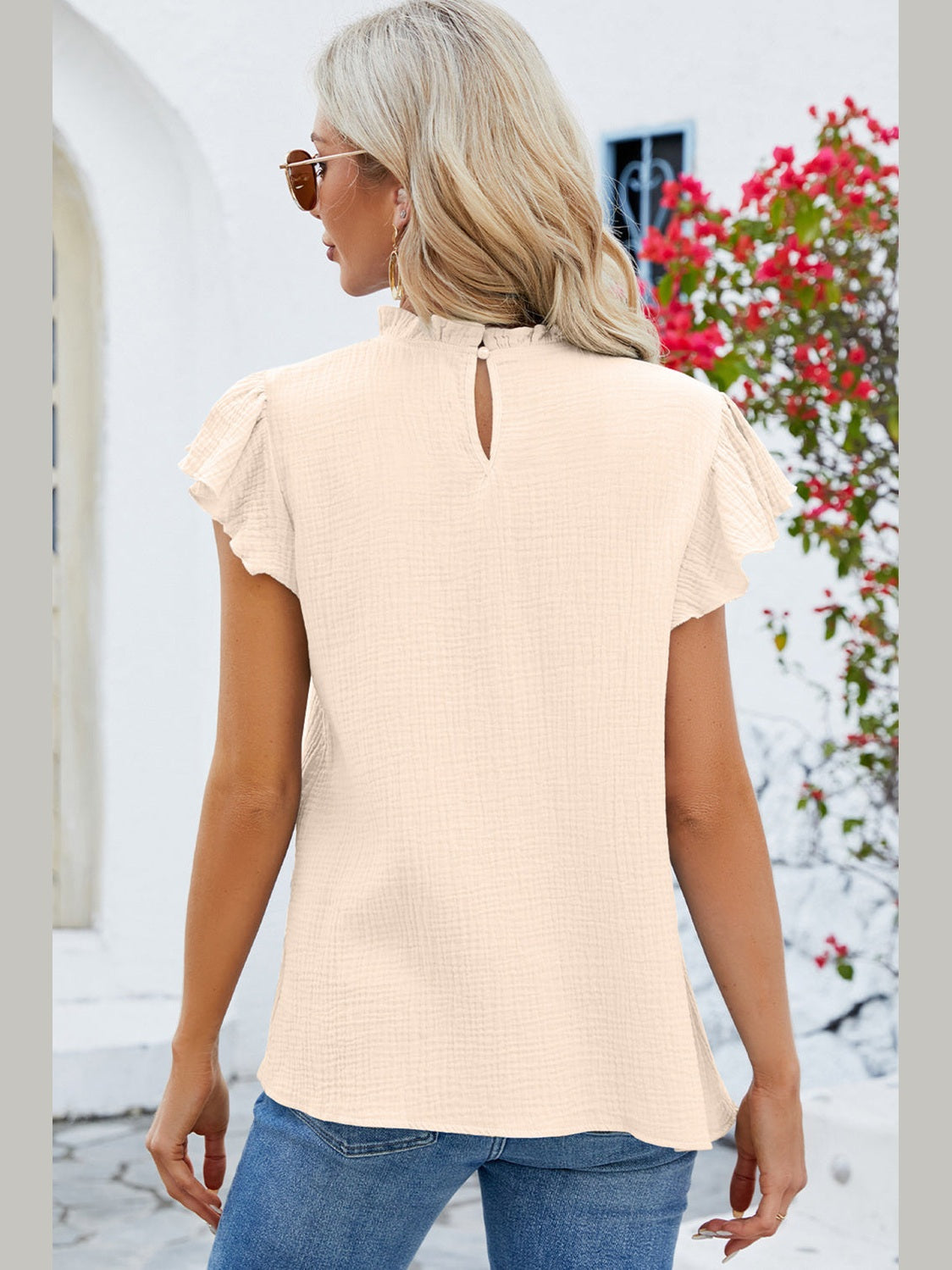Ruffled Round Neck Cap Sleeve Blouse