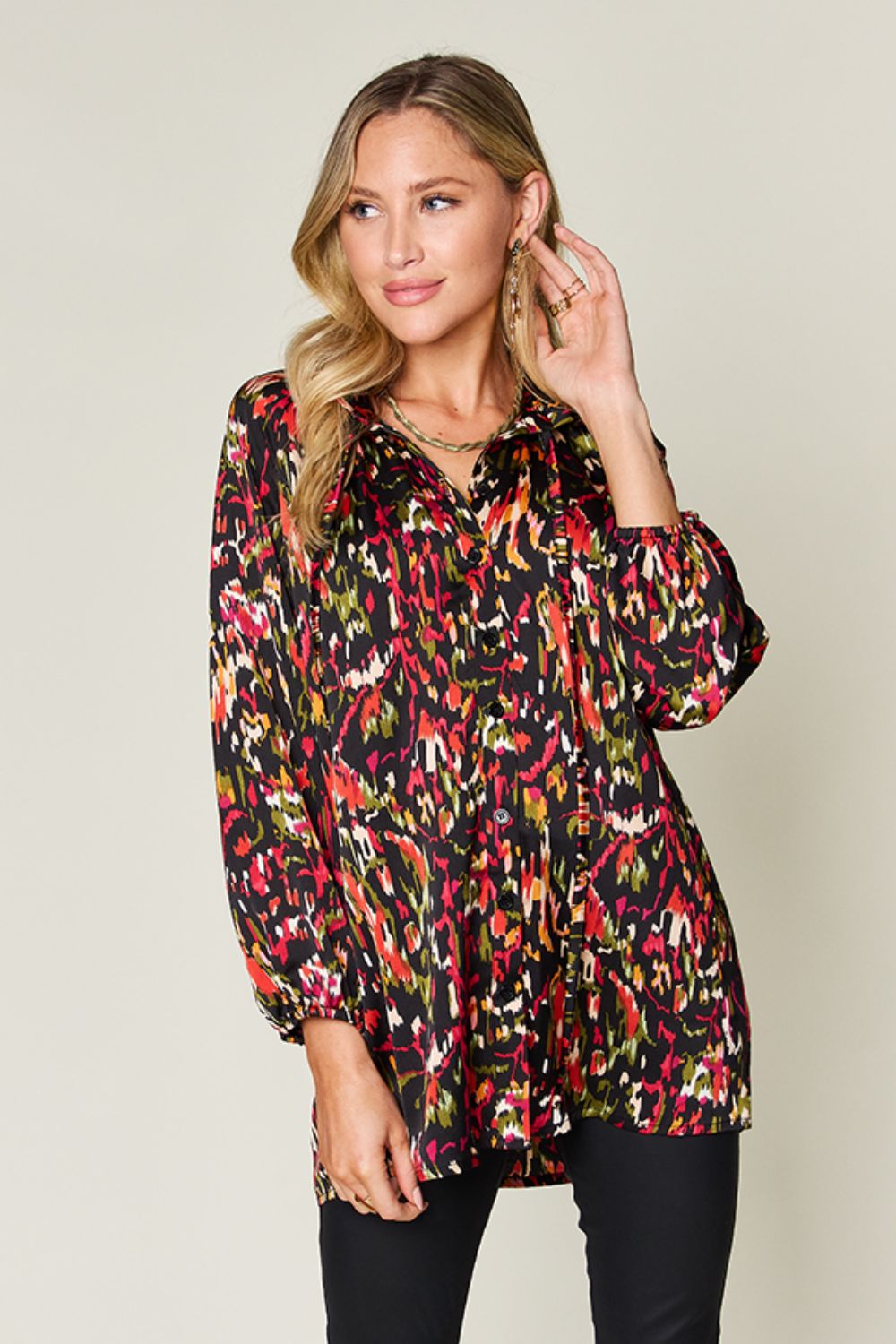 Women Double Take Full Size Printed Button Up Long Sleeve Shirt NicholesGifts