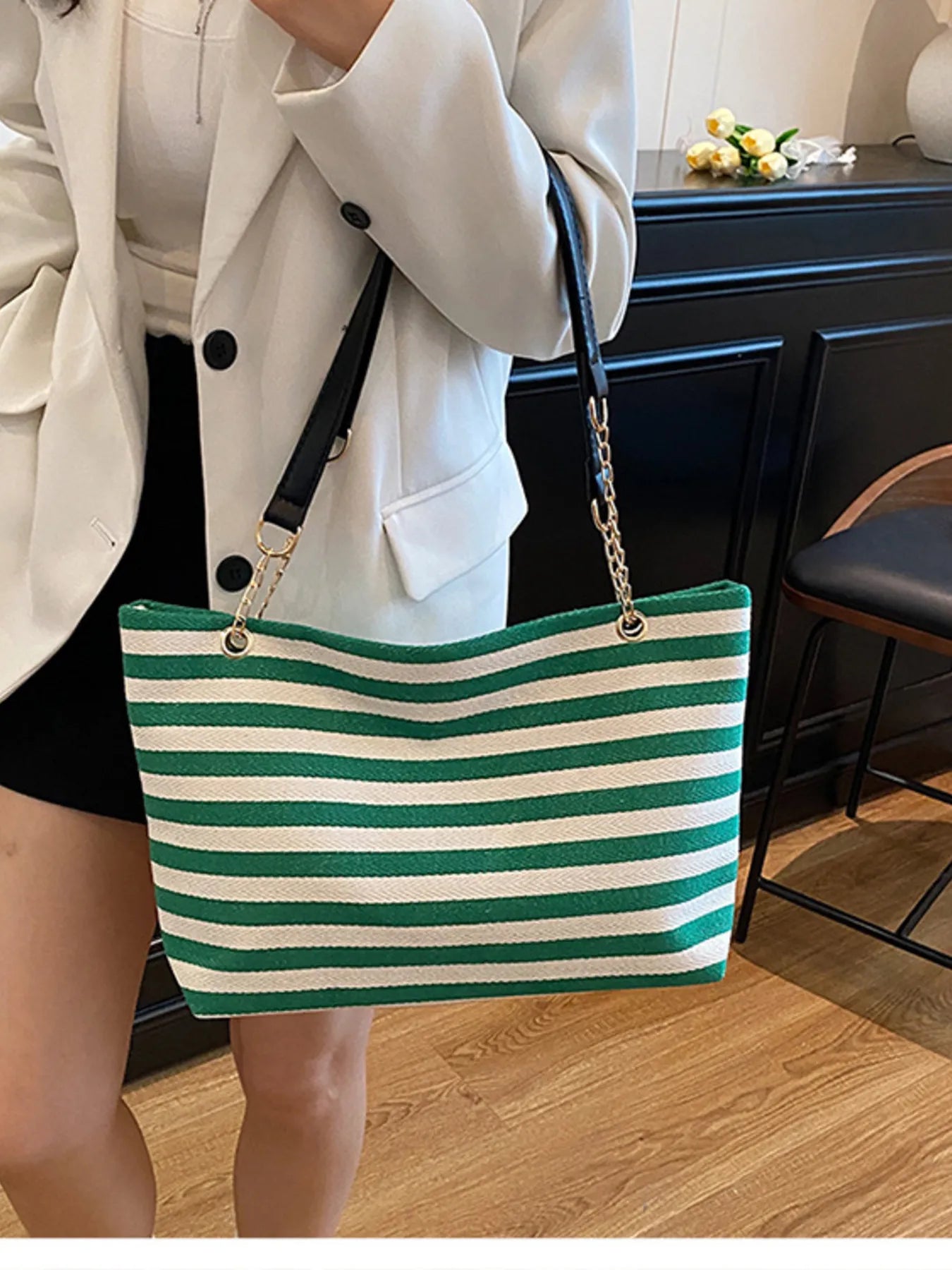 Striped Shoulder Bag with Chain Detail Trendsi