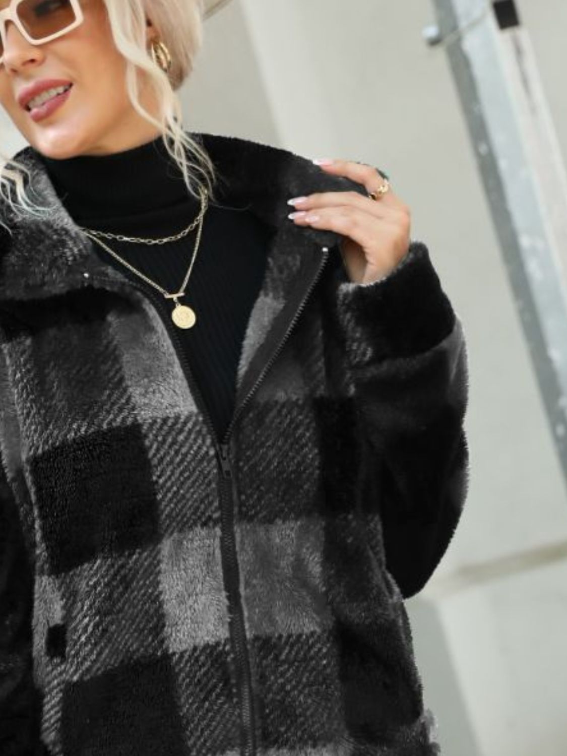 Plaid Zip-Up Collared Jacket NicholesGifts