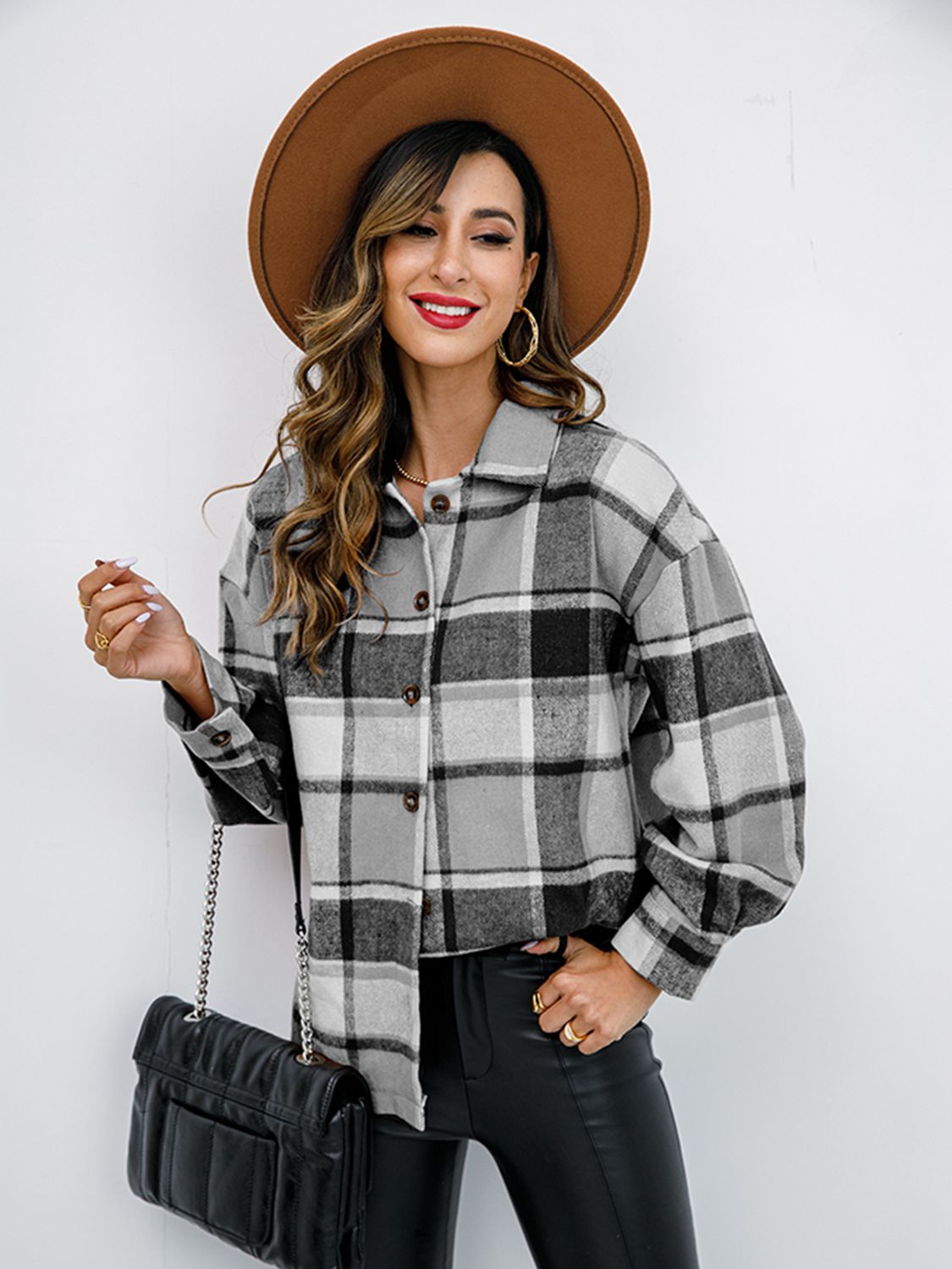 Shiny Plaid Button Up Collared Neck Jacket NicholesGifts