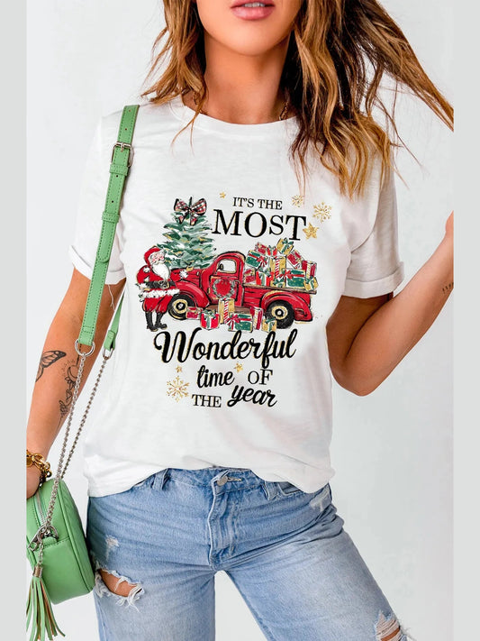 NicholesGifts Women Graphic Christmas T-shirt with round neck and short sleeves featuring festive truck and tree design