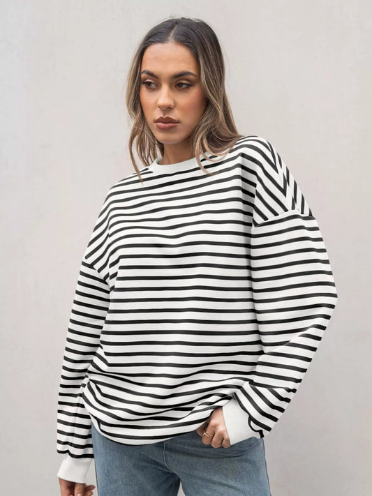 Striped Round Neck Oversized Casual Sweatshirt Trendsi