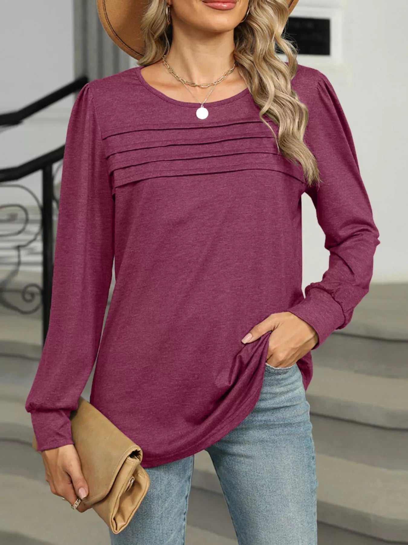 Long Sleeve Round Neck T-Shirt Trendsi