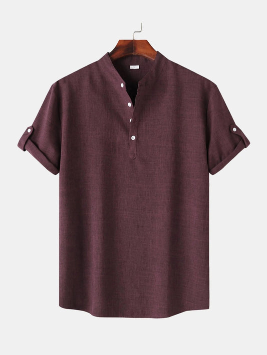Men's Casual Linen Blend Mandarin Collar Short Sleeve Henley Shirt NicholesGifts